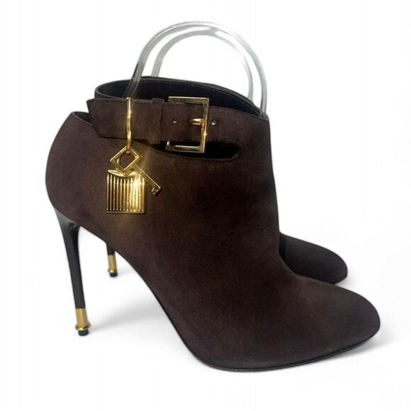 TOM FORD Brown Suede Almond Toe Padlock Ankle Strap Booties Size EU38.5 - Picture 6 of 14